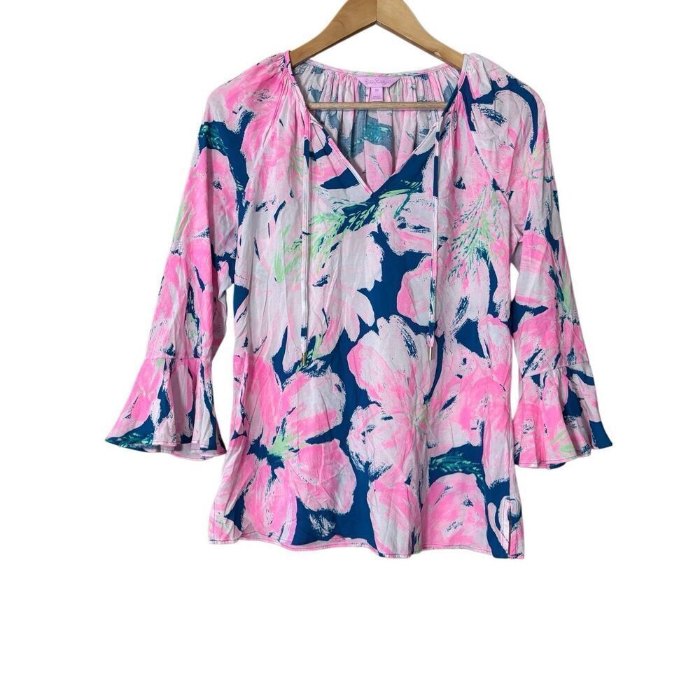 Lilly Pulitzer Willa Flounce Sleeve Top Tidal Wave Pans Garden XS
